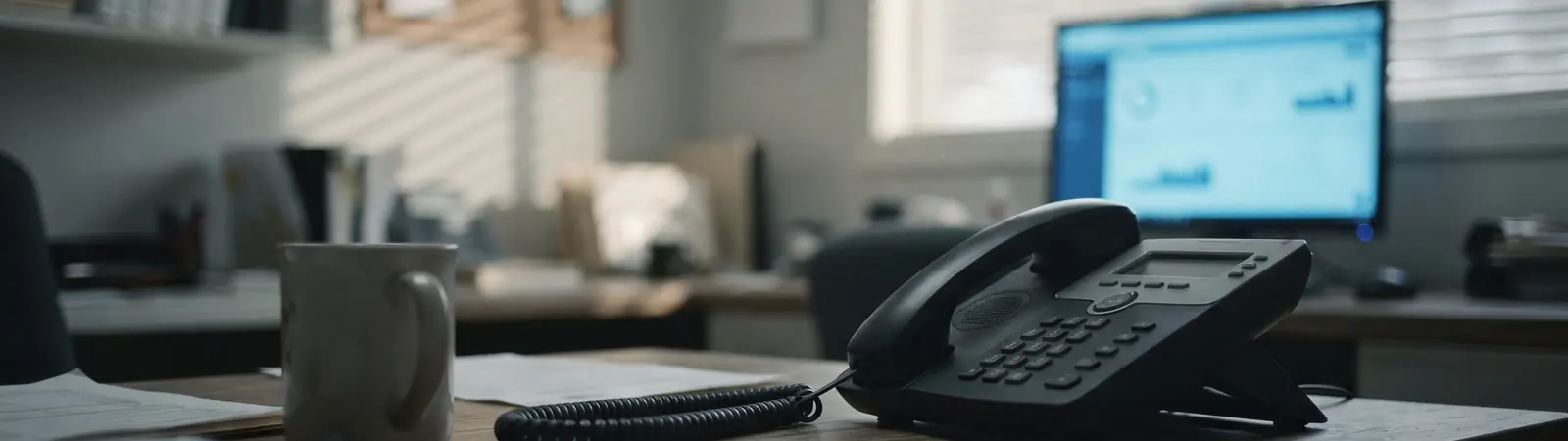A dispatcher desk, corded phone in front of a glowing dashboard