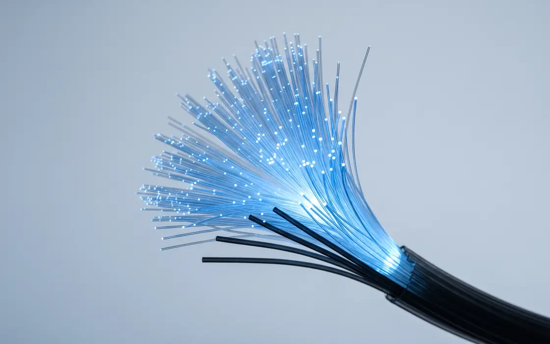 Fibre strands, most lit blue, a few dark